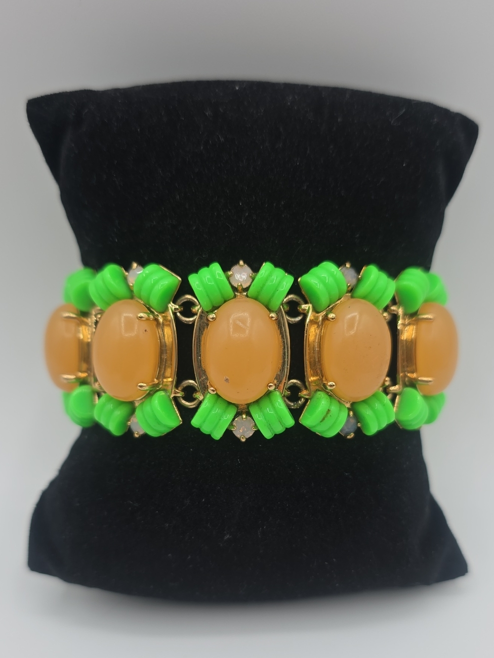 J. Crew Gold-Tone Bracelet with Orange Cabochons & Neon Green Beads